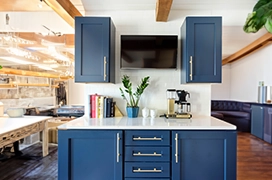 Blue kitchen cabinets.