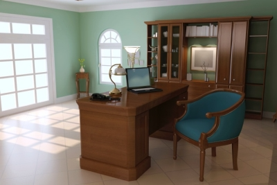 Office with bright and cheery mint green walls.