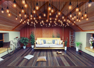 Attic with Dark Hardwood Flooring and Hanging Lights Attic with Dark Hardwood Flooring and Hanging Lights